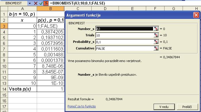 6 Normalna in binomska porazdelitev z Excelom V Excelu p ( x) izračunamo z uporabo funkcije BINOMDIST(number_s; trials; probability_s; cumulative).