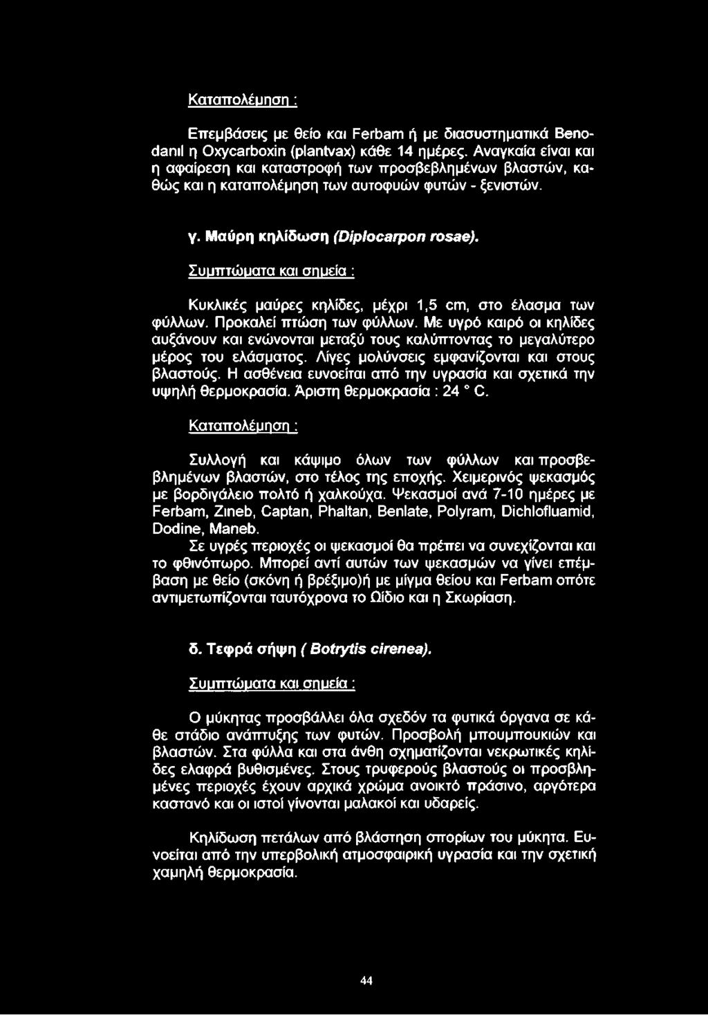 Συμπτώματα και σημεία : Κυκλικές μαύρες κηλίδες, μέχρι 1,5 οηι, στο έλασμα των φύλλων. Προκαλεί πτώση των φύλλων.