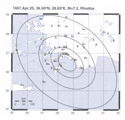 ΡΟΔΟς 1957 Ισχυρή σεισμική δόνηση έπληξε τη Ρόδο στις 25 Απριλίου 1957 με μέγεθος 7.2R. Από τα 2084 σπίτια του νησιού που υπέστησαν βλάβες τα 16 κατέρρευσαν.