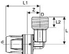 TECElogo liitmikud Põlvliitmik 90º sisekeermega Liitmiku korpus messing Z L L1 L2 D d ø 16 mm x 1/2 SK 871 02 02 10 tk. 100 tk.