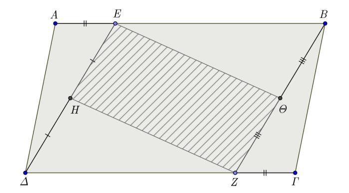 Πράγματι, ΕΒ//ΔΖ (γιατι ΑΒΓΔ παραλληλόγραμμο) και ΕΒ=ΔΖ ως διαφορές μεταξύ ίσων ευθύγραμμων τμημάτων (ΕΒ=ΑΒ-ΑΕ=ΔΓ-ΖΓ=ΔΖ) γ.