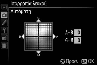 Πατήστε το G για να εμφανιστούν τα μενού, στη συνέχεια επισημάνετε το Ισορροπία λευκού στο μενού λήψης και πατήστε το 2.