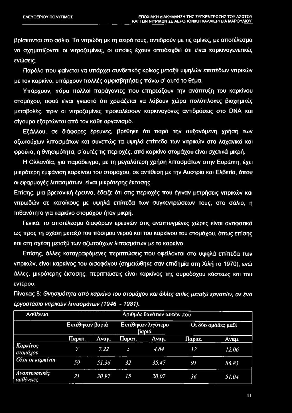 Εξάλλου, σε διάφορες έρευνες, βρέθηκε ότι παρά την αυξανόμενη χρήση των αζωτούχων λιπασμάτων και συνεπώς τα υψηλά επίπεδα των νιτρικών στα λαχανικά και φρούτα, η θνησιμότητα, σ'αυτές τις περιοχές,