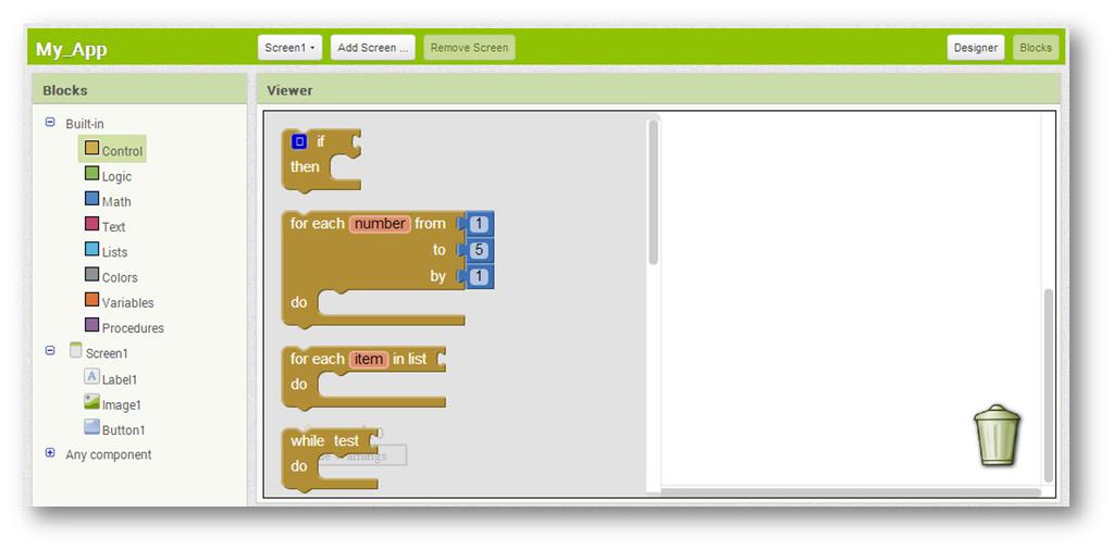 58 Εφαρμογές Πληροφορικής Εικόνα 7.7. App Inventor Blocks Editor 6. Στο τελευταίο βήμα εγκαθιστούμε και ελέγχουμε την εφαρμογή μας με σύνδεση σε κάποια φορητή συσκευή (εικόνα 7.8).