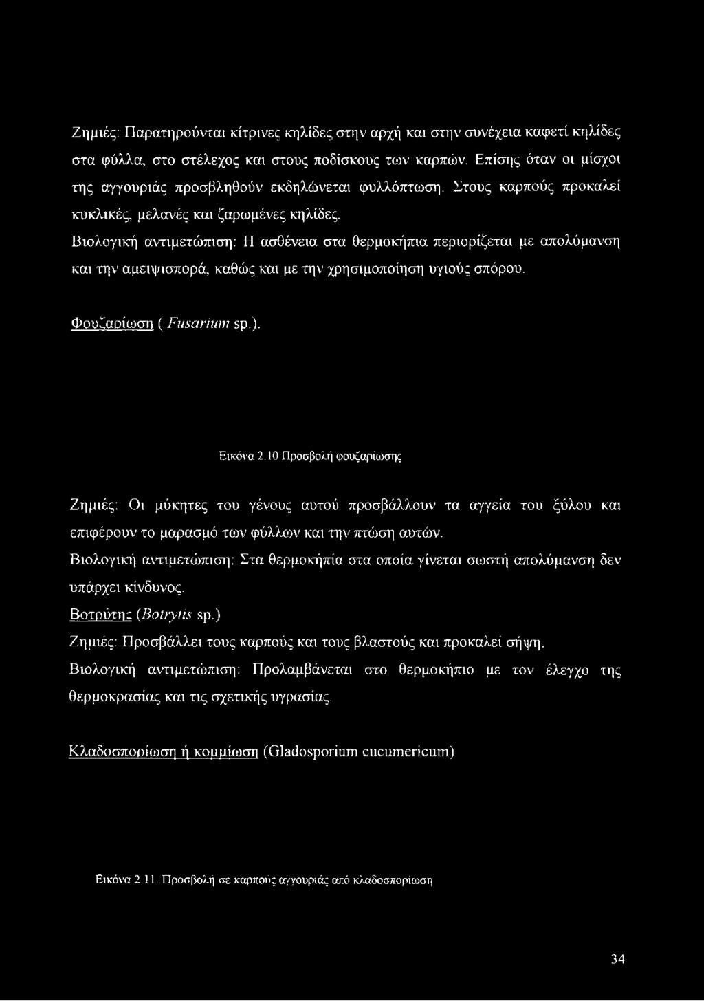 Στους καρπούς προκαλεί κυκλικές, μελανές και ζαρωμένες κηλίδες.