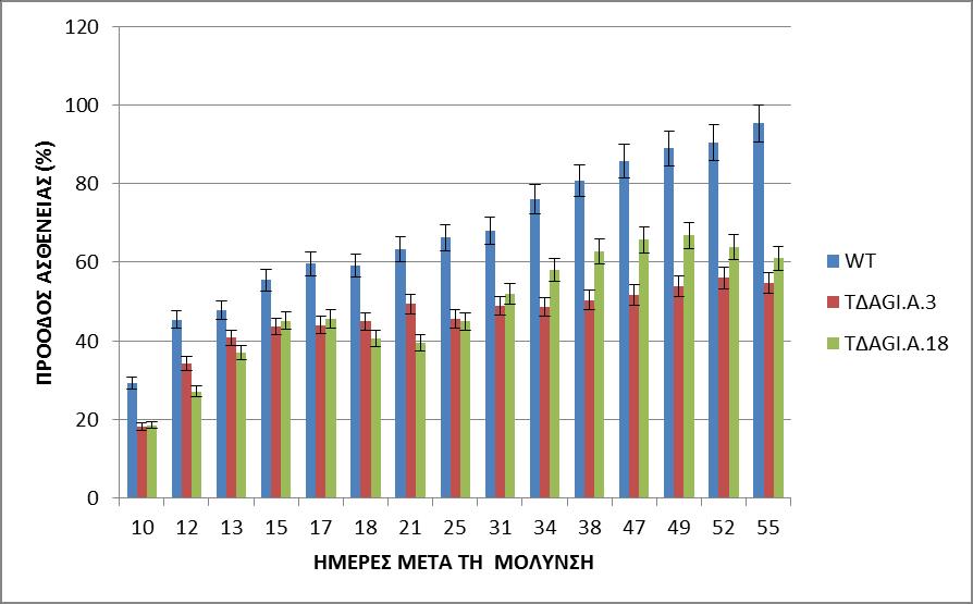 ΤΔΑGI.A.18 αυξανόταν σε όμοιο βαθμό προσβολής με το ΤΔΑGI.A.3, φτάνοντας στις 31 ημέρες μετά τη μόλυνση το στέλεχος ΤΔΑGI.A.18 να εμφανίζει ποσοστό προσβολής 51%.