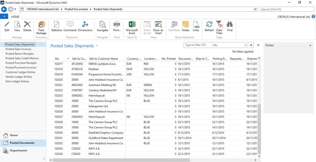 Για να ελέγξουμε τις αποστολές που καταχωρήσαμε, επιλέγουμε: Posted Documents Posted Sales Shipments και βρίσκουμε τις δύο τελευταίες στη λίστα καταχωρημένες