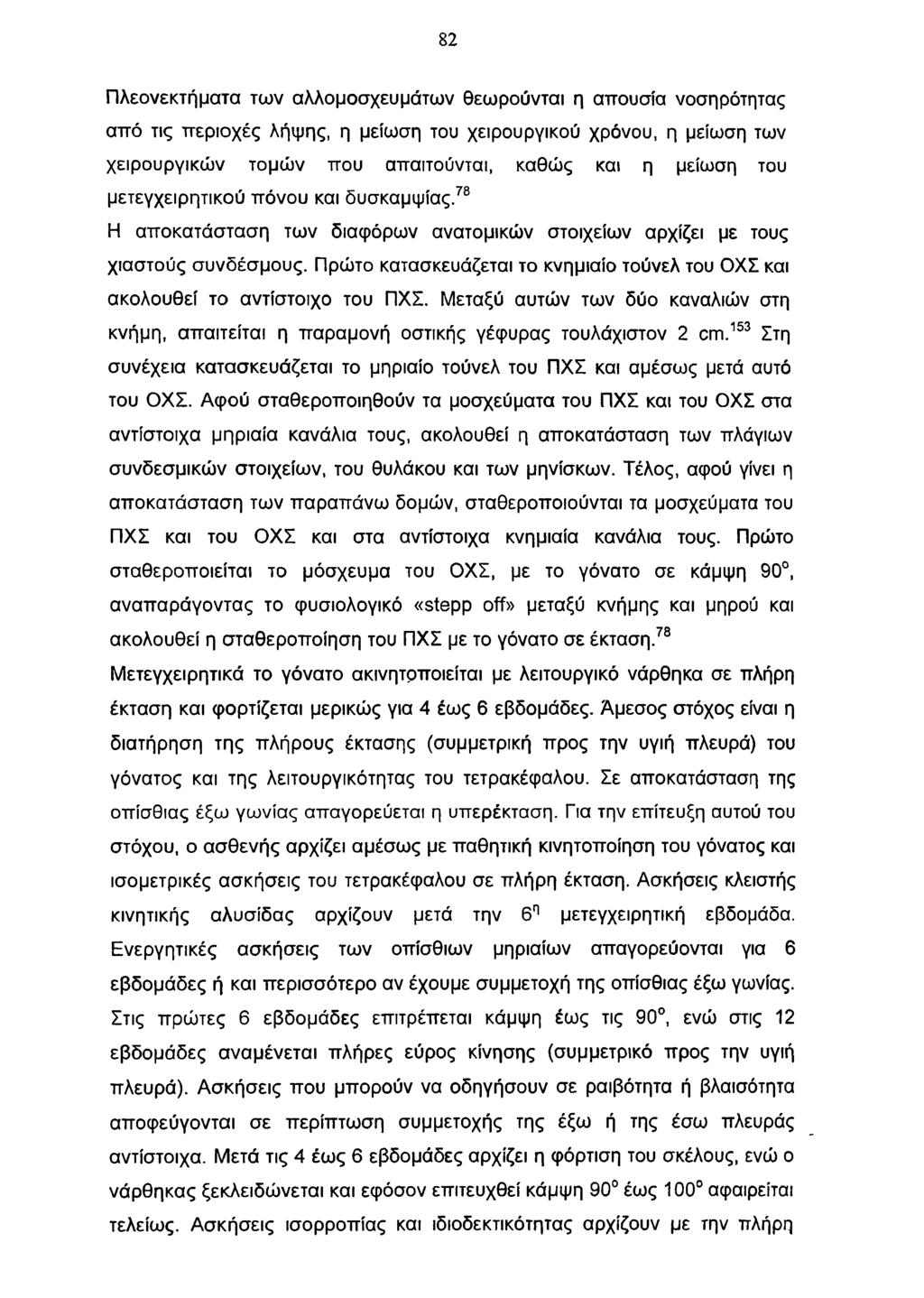 82 Πλεονεκτήματα των αλλομοσχευμάτων θεωρούνται η απουσία νοσηρότητας από τις περιοχές λήψης, η μείωση του χειρουργικού χρόνου, η μείωση των χειρουργικών τομών που απαιτούνται, καθώς και η μείωση του