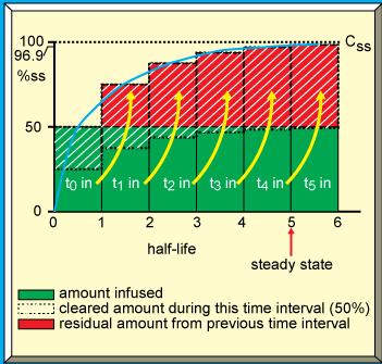Χρόνος που χρειάζεται για να επιτευχθεί η σταθερή κατάσταση Από τη ποσότητα του φαρμάκου που εγχύεται σε ένα χρονικό διάστημα, παραμένει η μισή σε κάθε χρόνο ημιζωής του φαρμάκου.