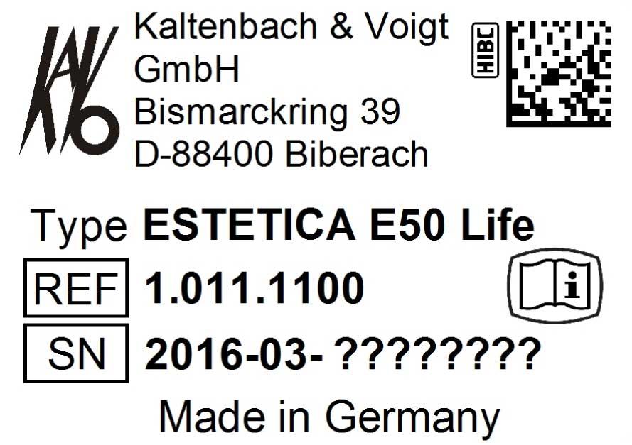 χαρακτηριστικών ESTETICA E50 Life Πινακίδα τεχνικών