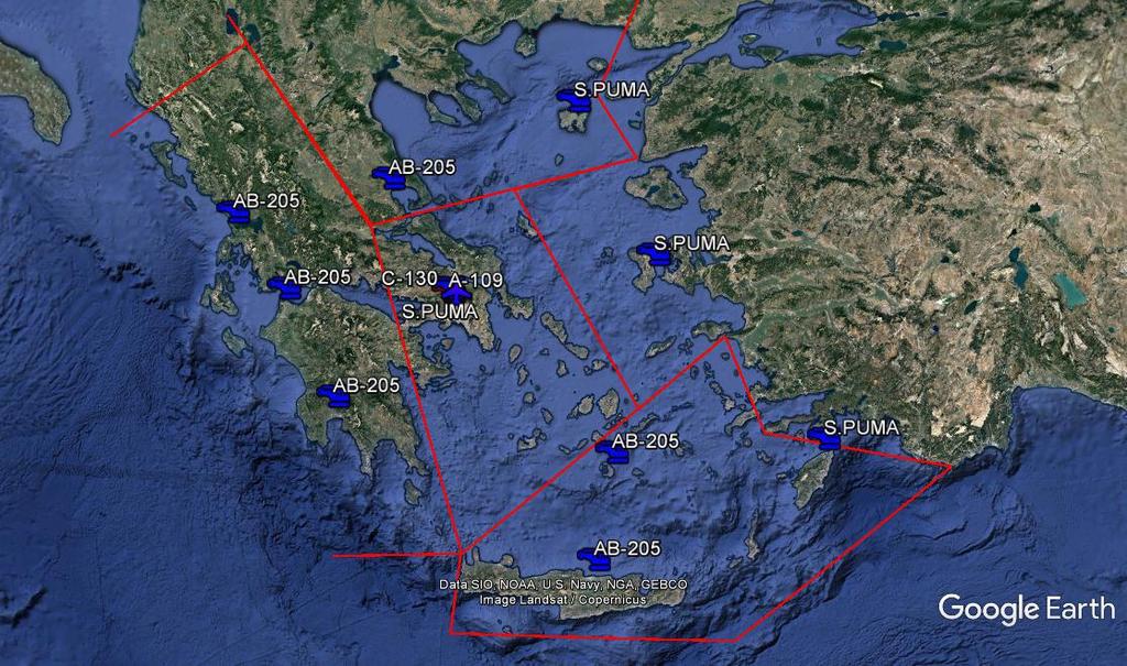9.6 Χωροθέτηση Ιπτάμενων Μέσων Η χωροθέτηση των διατιθέμενων εναέριων μέσων για αποστολές αεροδιακομιδών, όπως αυτή διαμορφώθηκε το 2003 με την ένταξη των ελικοπτέρων Α-109 στον στόλο της Π.Α., φαίνεται στην Εικόνα 22.