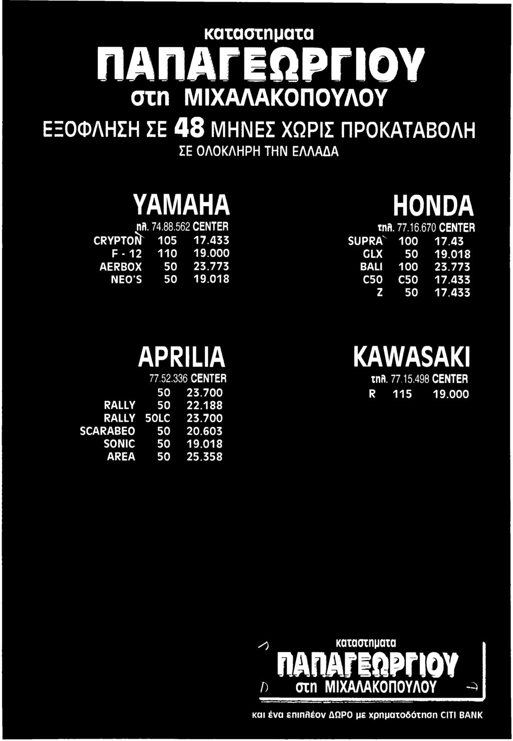 700 SCARABEO 50 20.603 SONIC 50 19.018 AREA 50 25.358 KAWASAKI tnr. 77.15.498 CENTER R 115 19.