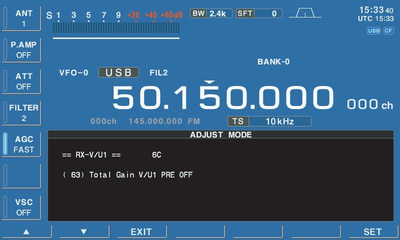 - RECEIVE ADJUSTMENTS (VHF and UHF) [RX-V/U] Push [F- RX V/U] key to select RX V/U ADJUSTMENT. Connect an AC milivoltmeter to the [EXT-SP] jack.