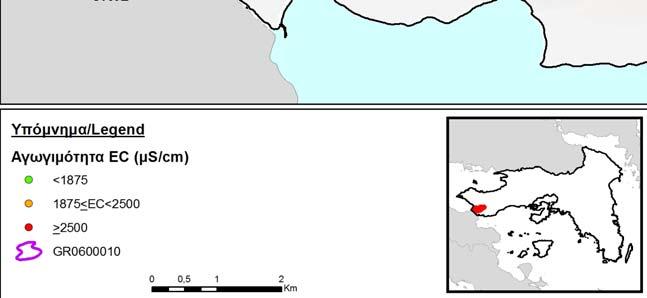 Σχ.8-4 : Χάρτης αγωγιµότητας υπόγειου υδατικού συστήµατος GR0600010 Έλεγχο υφαλµύρινσης Σύµφωνα µε τα δεδοµένα των χηµικών αναλύσεων, δεν διαπιστώνεται υφαλµύρινση παρά µόνο τοπικά στην περιοχή