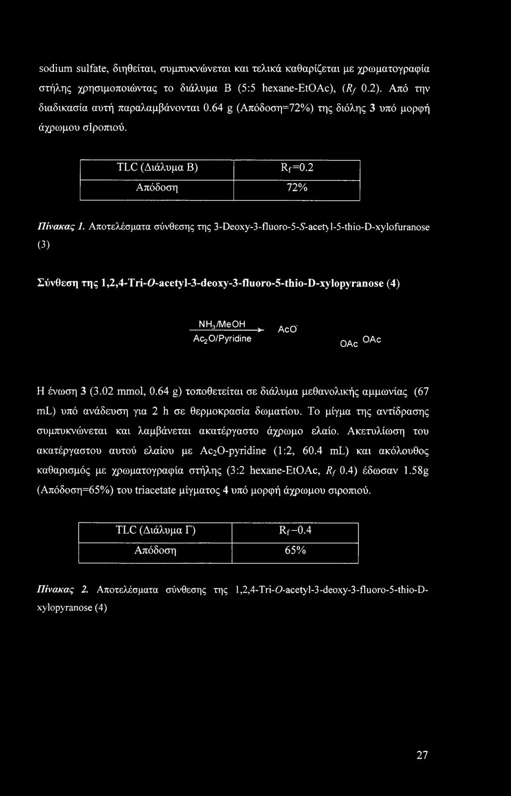 sodium sulfate, διηθείται, συμπυκνώνεται και τελικά καθαρίζεται με χρωματογραφία στήλης χρησιμοποιώντας το διάλυμα Β (5:5 hexane-etoac), (Rf 0.2). Από την διαδικασία αυτή παραλαμβάνονται 0.