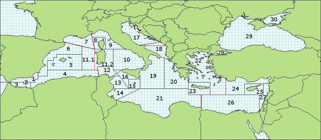 Β) Χάρτης των γεωγραφικών υποπεριοχών της ΓΕΑΜ (ΓΥΓ) (ΓΕΑΜ, 2009) Στατιστικές υποδιαιρέσεις FAO (κόκκινο) Γεωγραφικές υποπεριοχές της ΓΕΑΜ (µαύρο) 01 - Βόρειο Πέλαγος Αλµποράν 07 - Κόλπος των Λεόντων