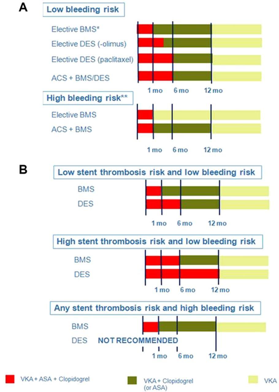 European (A) and American (B) recommendations for antithrombotic therapy in patients on vitamin K antagonists after coronary stenting.