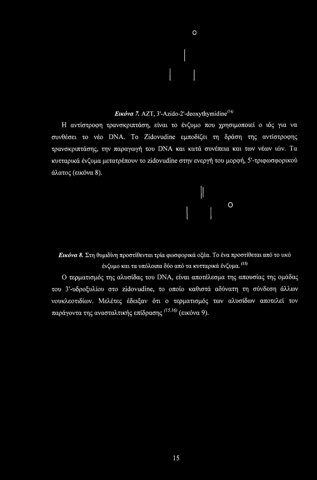 Τα κυτταρικά ένζυμα μετατρέπουν το zidovudine στην ενεργή του μορφή, 5'-τριφωσφορικού άλατος (εικόνα 8). Ο Εικόνα 8. Στη θυμιδίνη προστίθενται τρία φωσφορικά οξέα.