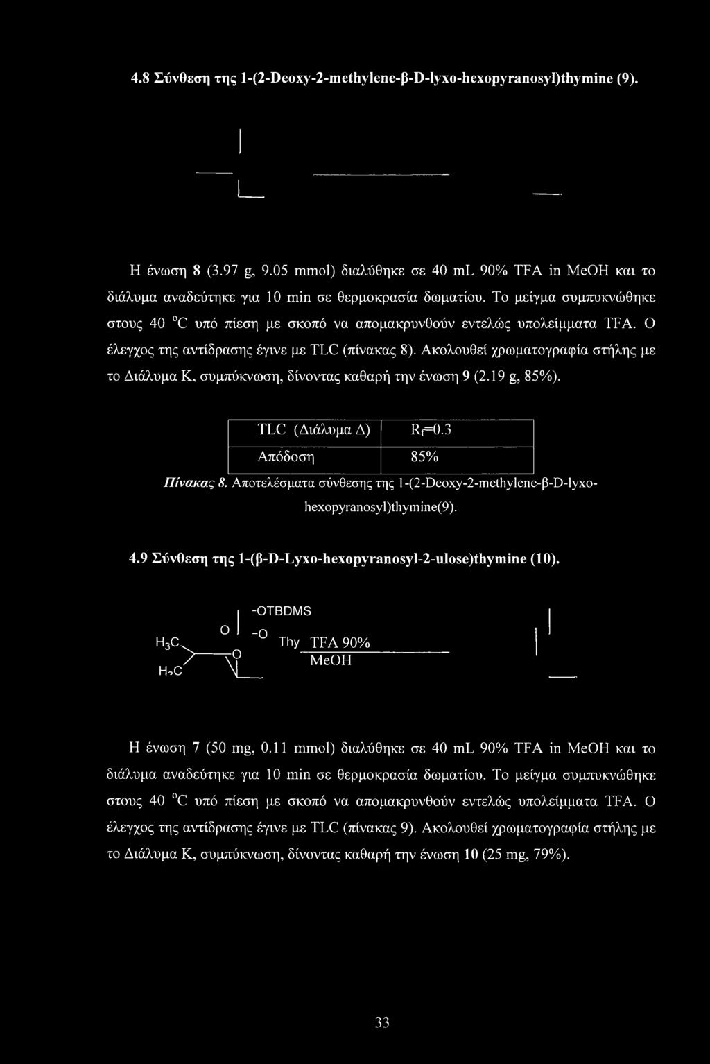 Ο έλεγχος της αντίδρασης έγινε με TLC (πίνακας 8). Ακολουθεί χρωματογραφία στήλης με το Διάλυμα Κ, συμπύκνωση, δίνοντας καθαρή την ένωση 9 (2.19 g, 85%). TLC (Διάλυμα Δ) Rf=0.3 Απόδοση 85% Πίνακας Η.