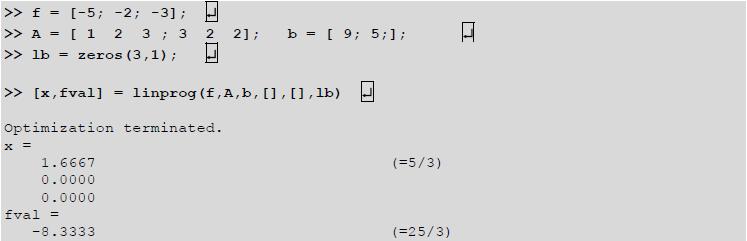 Το παραπάνω ΠΓΠ μετασχηματίζεται ελαφρά για να δοθεί προς λύση στην lnprog: ΑΑΑΑ: mmmmmmmmmmmmmmmm PP = 5xx 1 + 2xx 2 + 3xx 3 (ή ισοδύναμα mmmmmmmmmmmmmmmmmm(xx) = 5xx 1 2xx 2 3xx 3 ) ΥΥΥΥΥΥ: xx 1 +