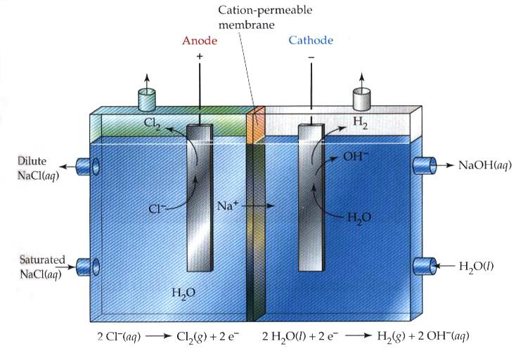 (391) Fig. (16-35) : A membrane cell for electrolytic production of Cl 2 and NaOH. Chloride ion is oxidized to Cl 2 gas at the anode, and water is converted to H 2 gas and OH - ions at the cathode.