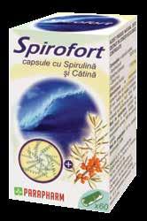 spirofort capsule cu spirulină și cătină Mod de prezentare: 60 de capsule gelatinoase tari / cutie Spirulina și cătina sunt doi nutrienți naturali de excepție, care își potențează reciproc efectele