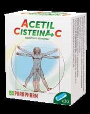ACETIL CISTEINĂ + C Mod de prezentare: 30 de capsule gelatinoase tari / cutie Acetil cisteina este un metabolit al aminoacidului cisteină, care se formează în organismul uman.