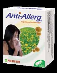 Anti-allerg Mod de prezentare: 30 de capsule gelatinoase tari / cutie Este un supliment alimentar menit să reducă simptomele alergice provocate de polen, praf, spori de fungi, precum și alți alergeni