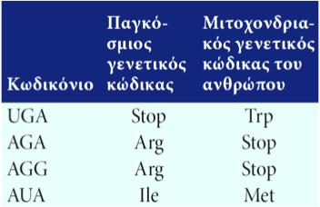 ΤΟ ΓΕΝΕΤΙΚΟ ΣΥΣΤΗΜΑ ΤΩΝ ΑΝΘΡΩΠΙΝΟΥ ΜΙΤΟΧΟΝΔΡΙΟΥ - ΙV Tο μιτοχονδριακό γονιδίωμα έχει ιδιαίτερο γενετικό κώδικα ως προς τον Παγκόσμιο χρήση αμινοξέος Τρυπτοφάνης στάση μετάφρασης διαφορετικά αμινοξέα: