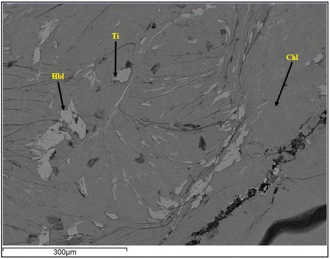 Εικόνα 13: Εικόνα οπισθοσκεδαζόμενων ηλεκτρονίων στην οποία απεικονίζεται η εξαλλοίωση κεροστίλβης σε χλωρίτη, τιτανίτη (Ti: τιτανίτης, Hbl: κεροστίλβη, Chl:χλωρίτης) Το Aluflux αποτελείται από
