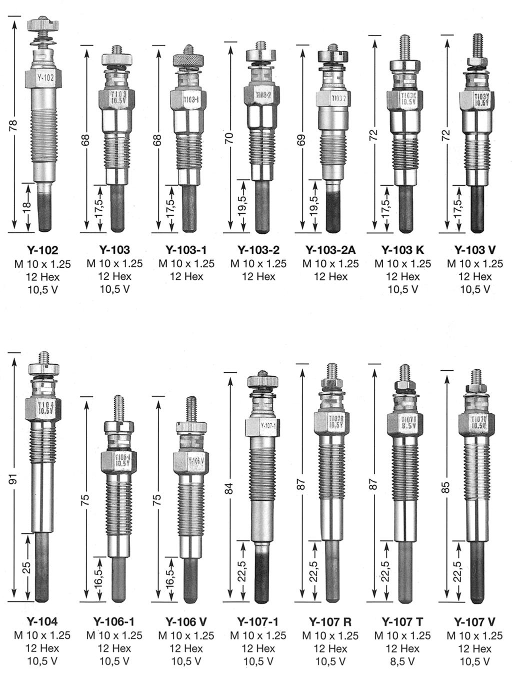 SERIES OF GLOW PLUG (ACTUAL SIZE) Y-102 Y-103 Y-103-1 Y-103-2 Y-103-2A Y-103 K Y-103 V M 10 x 1.25 M 10 x 1.