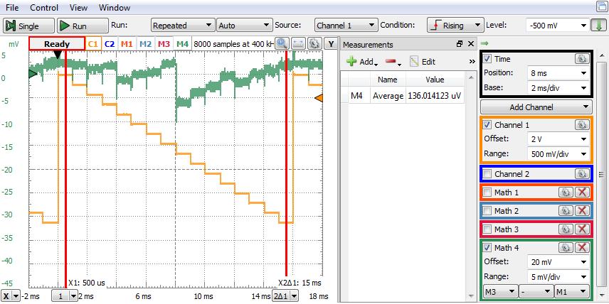 Setaţ un numărător bnar pe 2 bţ în Pattern Generator pentru a comanda reţeaua de ma sus. Folosţ canalul al oscloscopulu pentru a vzualza semnalul dnte de ferăstrău 5 pe J8.