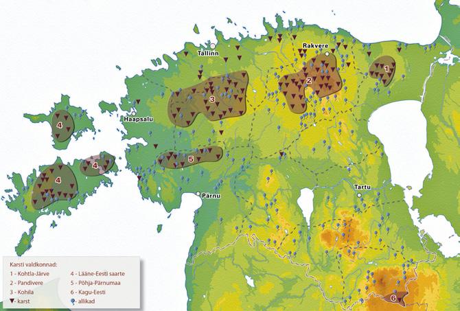 36 Joonis 11. Karstivormide ja allikate levik Eestis (Kink 2006 järgi). karstiallikana. Karstiallikad liigitatakse lange- ja tõusu allikateks.