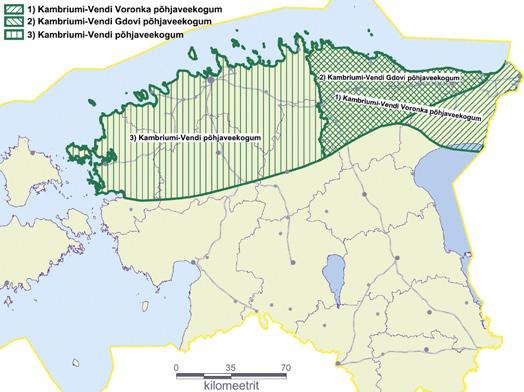 68 Joonis 9. Kambriumi Vendi veekihtide levik põhjaveekogumitena. Na-Mg-, Cl-HCO 3 -Na- või Cl-HCO 3 -Na-Ca-tüüpi vee levikuala.