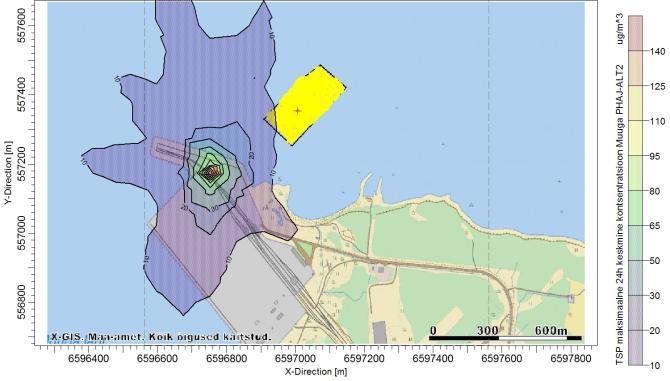 Joonis 62. Tahkete summaarsete osakeste (TSP) maksi-maalsed 24 h keskmised kontsentratsioonid, alternatiiv 2, koosmõju söeterminaliga, arves-tatud on leevendusmeetmeid. Norm on 150 µg/m 3 Joonis 63.