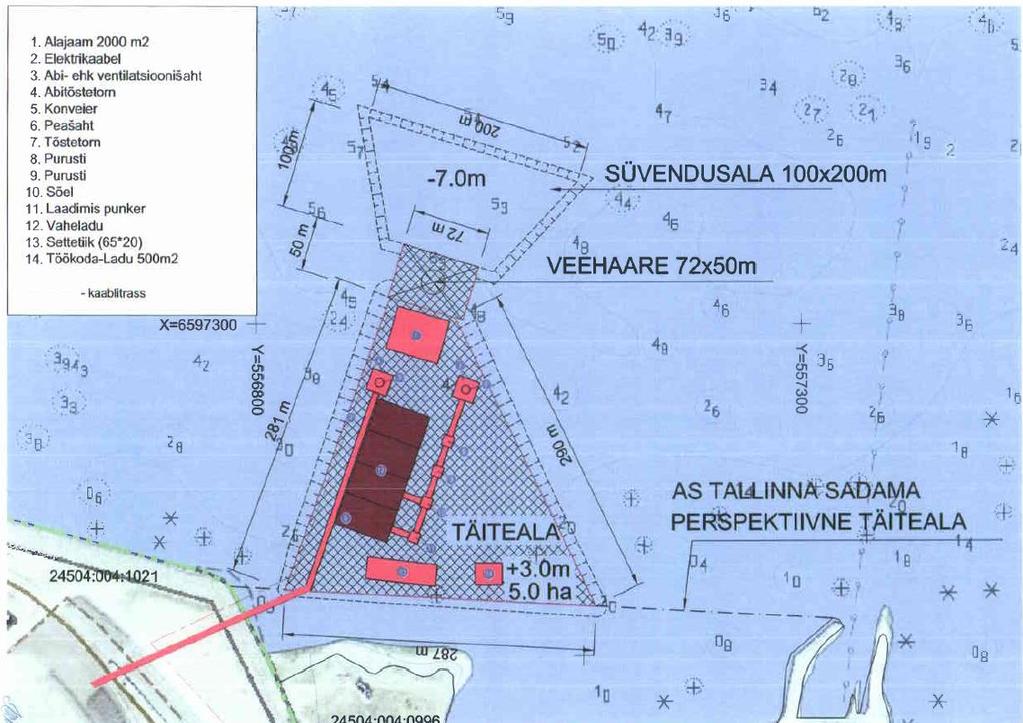 Joonis 35. Alternatiivi 2 põhimõtteline skeem kavandataval tehissaarel KSH läbiviimise käigus võib tekkida erinevaid leevendusvariante, mida vajadusel käsitletakse alternatiividena.