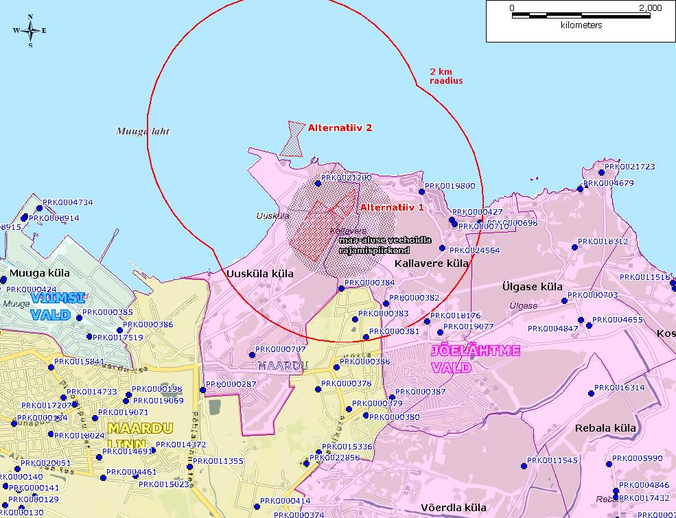 Joonis 38. Puurkaevud ja nende keskkonnaregistrikoodid 01.11.2011 seisuga planeeringuala piirkonnas Tabel 10. Puurkaevude põhiandmed 2 kilomeetri raadiuses PHAJ põhilistest šahtidest (http://register.