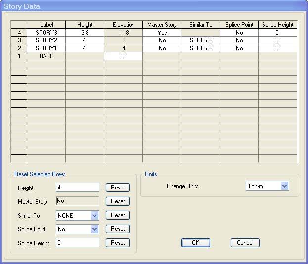 Bước 8: Hiệu chỉnh chiều cao tầng. Chiều cao tầng 3 từ 4m giảm xuống 3,8m. Edit Edit Story Data Edit Story. Hộp thoại Story Data xuất hiện. Chỉnh sữa lại chiều cao của tầng 3 từ 4m thành 3.8m. Bấm nút để kết thúc.