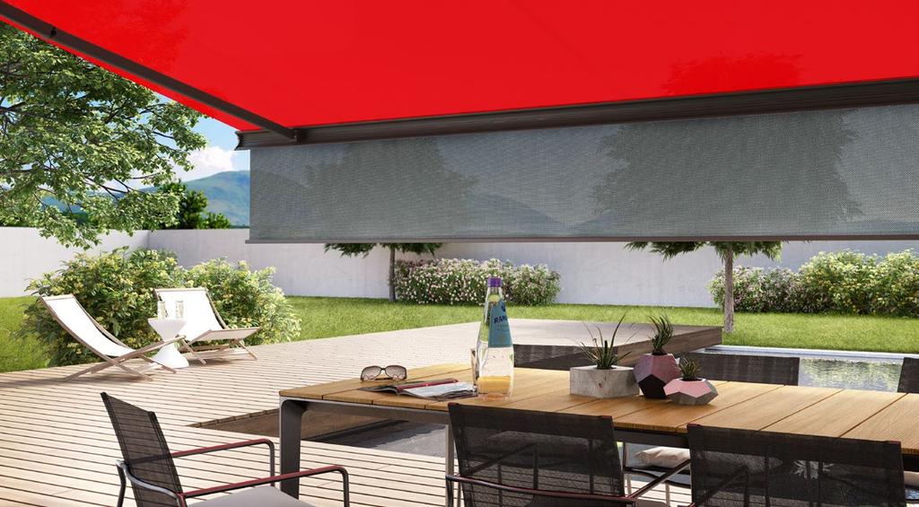 Ριντό markilux Αποφύγετε τον ήλιο που βρίσκεται χαμηλά και τα αδιάκριτα βλέμματα, το βράδυ απολαύστε περισσότερο τη ζέστη της ημέρας. Το πρόσθετο ύφασμα κατεβαίνει κάθετα από το προφίλ αντίβαρου.