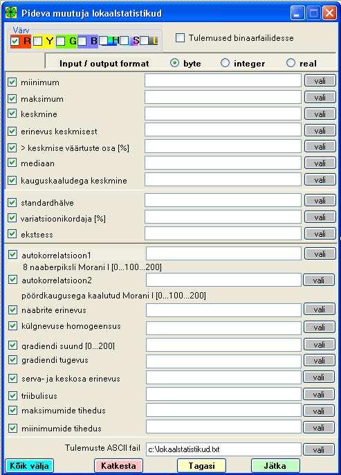 Kerneli omaduste valimise järel avaneb lokaalstatistikute valimise aken. Arvutatavad statistikud sõltuvad seejuures tunnuse tüübist (nominaalne või numbriline).