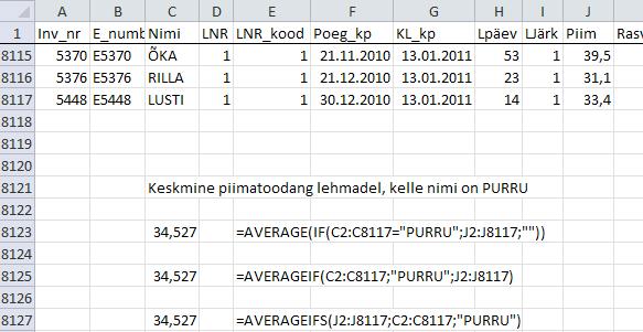 Analoogselt töötavad ka funktsioonid SUMIF ja SUMIFS ning sarnaselt funktsioonid COUNTIF ja COUNTIFS esimesed kaks siis vastavalt väärtuste summa ja teised kaks väärtuste arvu leidmiseks.