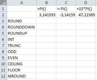 ÜMARDAMINE Trükkige Exceli töölehele mõned ümardamist vajavad arvud, näiteks π, -π ja 15*π muideks, arvu π leidmiseks on Excelis funktsioon PI() ja uurige, kuidas töötavad järgmised funktsioonid (arv