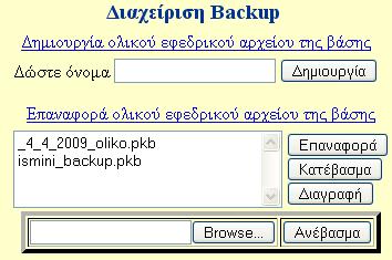 php Σχετική θέση./admin/ ηµιουργεί ένα εφεδρικό αρχείο της βάσης που είναι εγκατεστηµένη η Κενή εφαρµογή. Το αρχείο αποθηκεύεται στο φάκελο %εφαρµογή% /backup/ 6 Όνοµα αρχείου diaxeirish_backup.