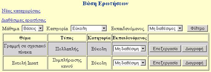 Ερωτήσεις Η καταχώριση ερωτήσεων σκοπό έχει την διευκόλυνση του εκπαιδευτή στην αξιολόγηση των εκπαιδευόµενων.
