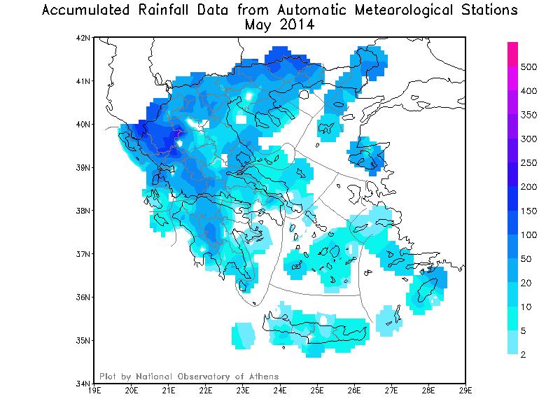 ΕΛΛΑΔΑ: ΧΑΡΤΗΣ ΒΡΟΧΟΠΤΩΣΕΩΝ ΜΑΙΟΥ 2014 Οι τιμές βροχής είναι σε χιλιοστά και είναι αθροιστικές για ολόκληρο τον