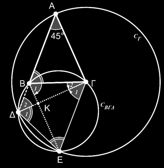Σχήμα 4 Το τρίγωνο ΓΔΕ είναι ισοσκελές, διότι ΓΕ και ΓΔ είναι ακτίνες του κύκλου CC ΓΓ. Άρα: ˆΕ= ˆ 1 () Το τετράπλευρο ΒΓΕΔ είναι εγγεγραμμένο στο κύκλο CC ΓΓ.