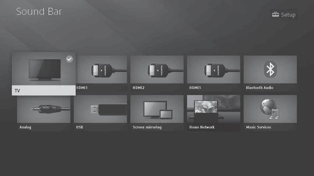 Σχετικά με το αρχικό μενού Μπορείτε να εμφανίσετε το αρχικό μενού στην οθόνη της τηλεόρασης συνδέοντας το σύστημα και την τηλεόραση με το καλώδιο HDMI (δεν παρέχεται).