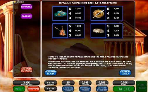2.9.3 TREASURES OF OLYMPUS / ΠΙΝΑΚΑΣ ΠΛΗΡΩΜΩΝ / ΑΠΟΔΟΣΕΩΝ Μόνο το μεγαλύτερο κέρδος πληρώνεται ανά γραμμή πληρωμής που ποντάρετε. Το κέρδος δεν μπορεί να υπερβεί τα 5.