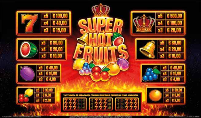 5.5.3 SUPER HOT FRUITS/ ΠΙΝΑΚΑΣ ΠΛΗΡΩΜΩΝ/ΑΠΟΔΟΣΕΩΝ Μόνο το βραβείο με το μεγαλύτερο αριθμό διαδοχικών συμβόλων πληρώνεται. Το κέρδος δεν μπορεί να υπερβεί τα 5.