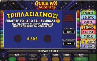2.3.8 QUICK PAY JACKPOTS / ΤΡΙΠΛΑΣΙΑΣΜΟΣ Νίκη Τριπλασιασμού Εάν ο παίκτης επιλέξει ένα κερδισμένο νόμισμα, το κερδισμένο ποσό θα
